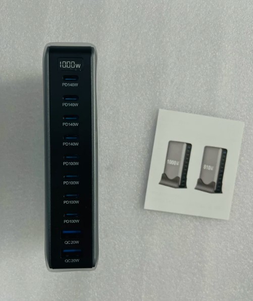 Side view of 1000W USB charging station ports and power display