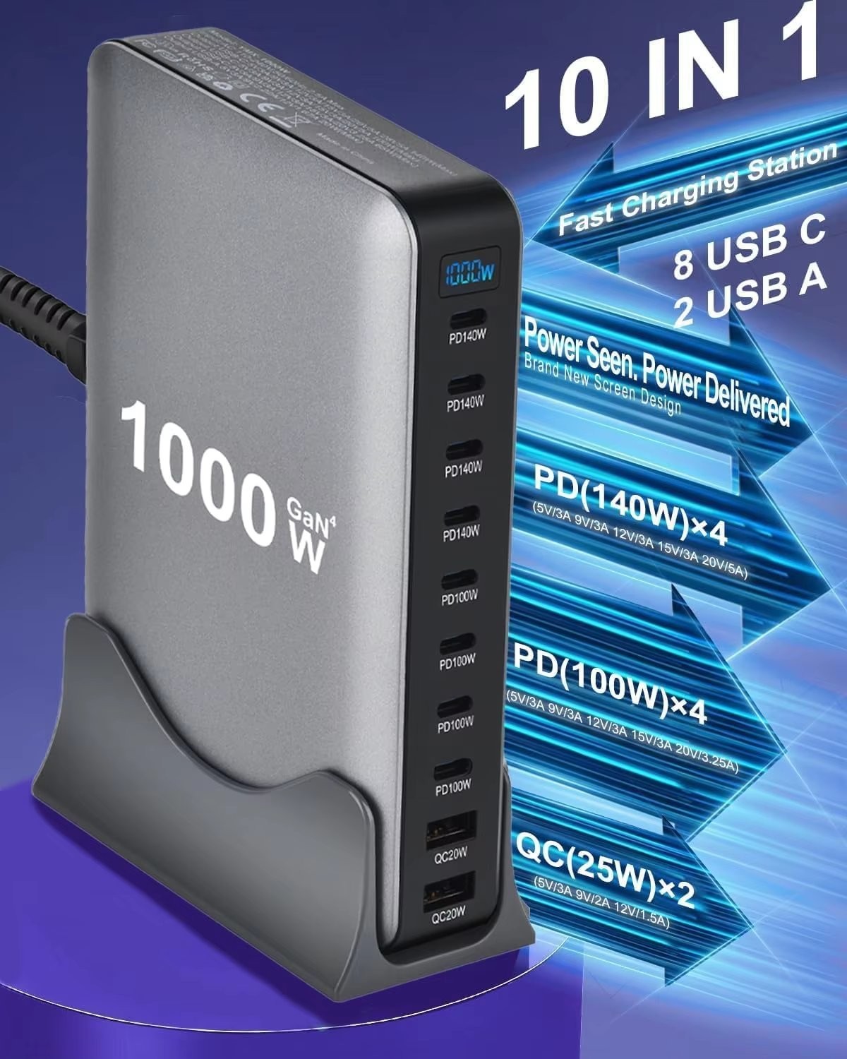 1000W 10-in-1 USB charging station for powering multiple LED display boxes