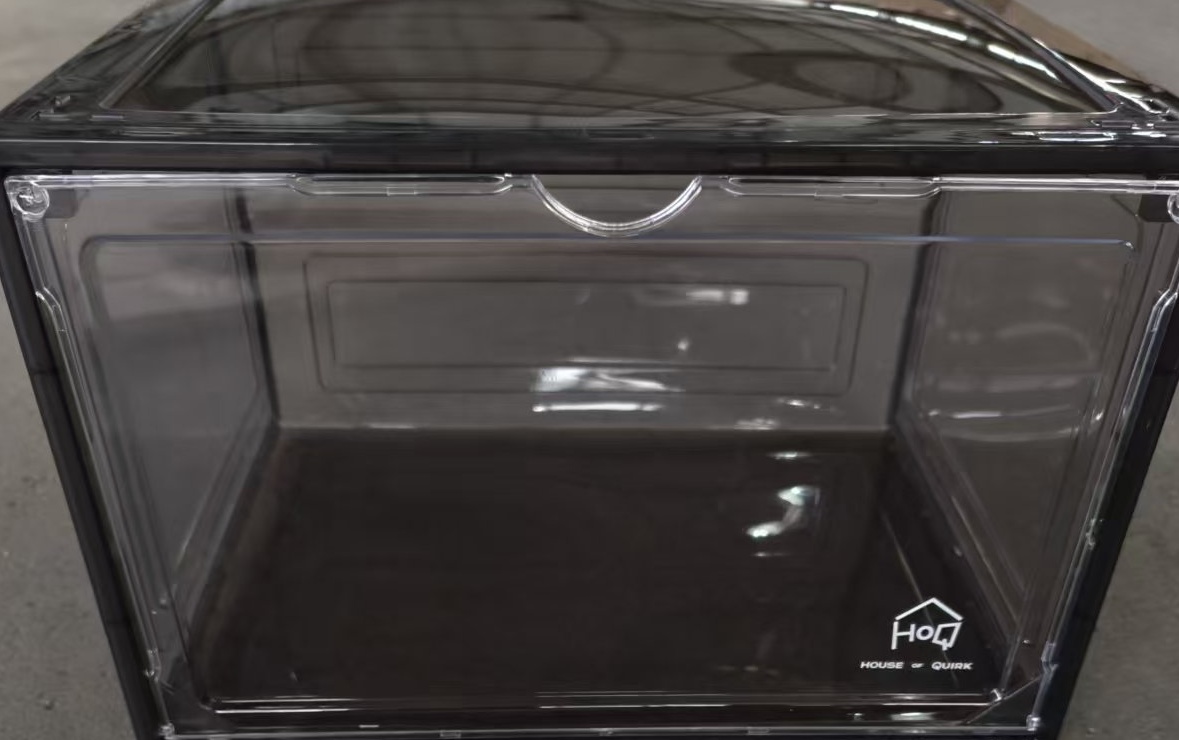 Custom black frame LED acrylic display box with client logo