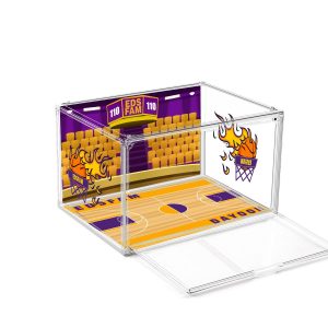 Custom UV printed PET display box with logo artwork — front view