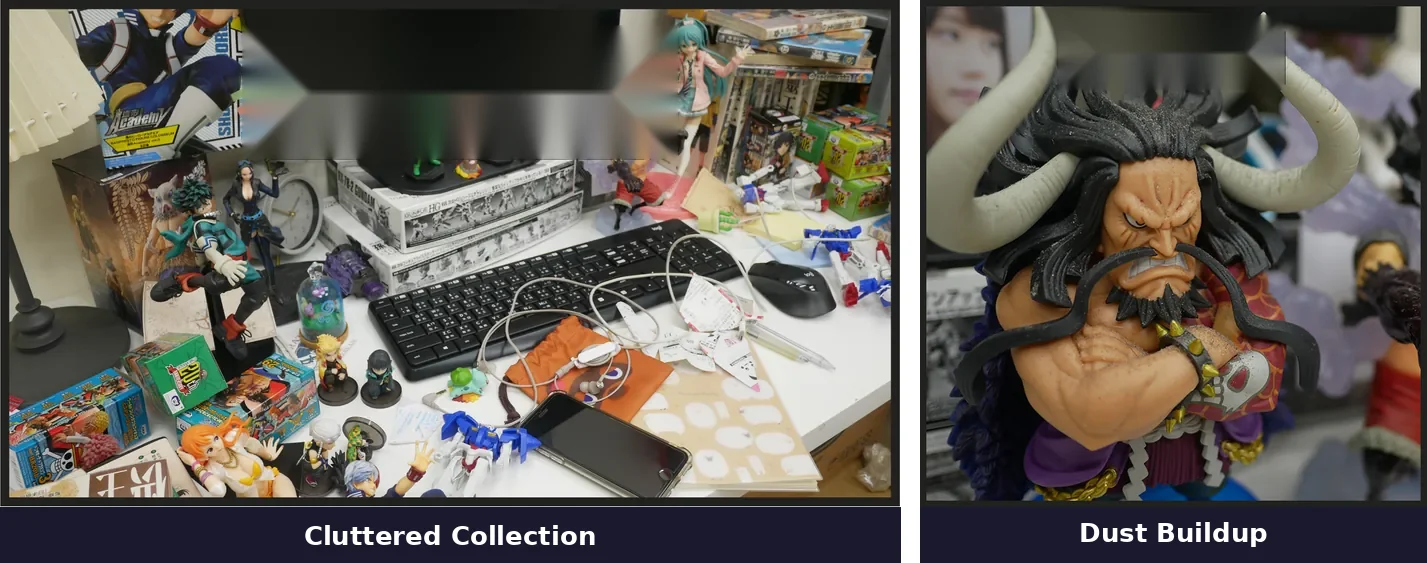 A cluttered figure collection on a desk and a figure covered in dust - the two problems acrylic display boxes solve