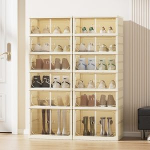 Foldable Shoe Rack – Double-Row Cream-White Dustproof Shoe Cabinet 44×35cm 25ISHM0504