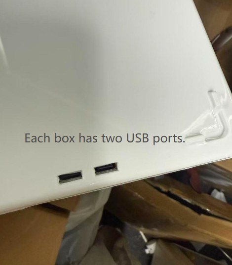 Back of LED acrylic display box showing two USB power ports