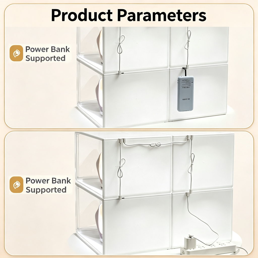 Stacked LED acrylic display boxes wired to a power bank for a trade show booth