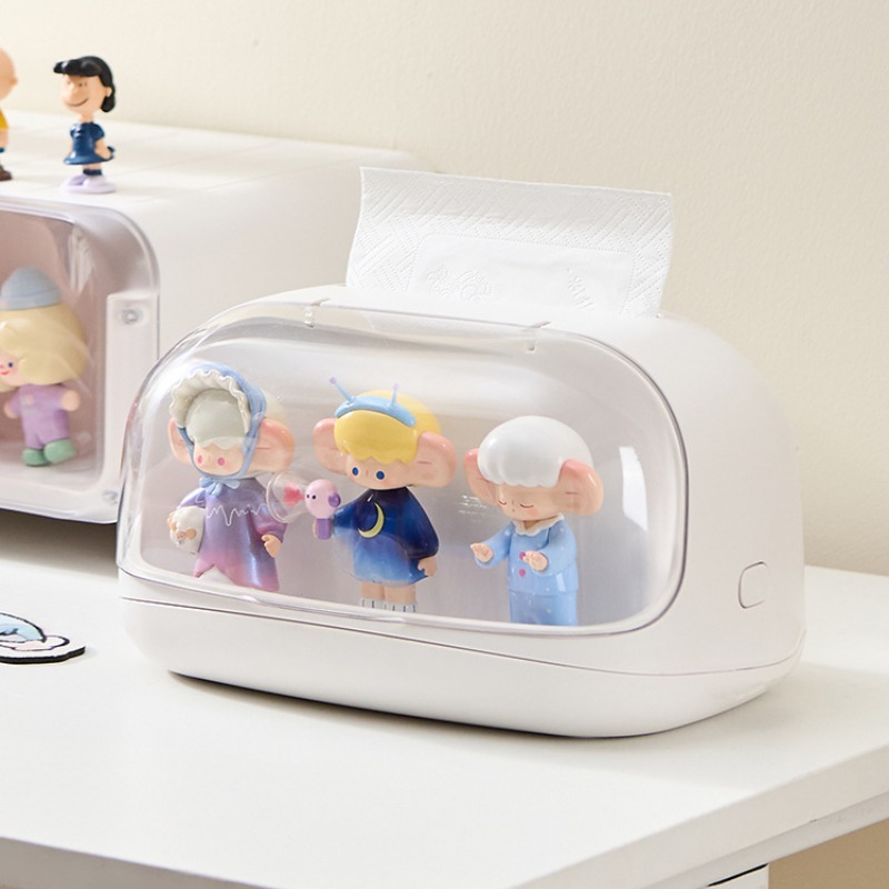 Desktop Tissue Box with Blind Box Storage – Acrylic Display Rack for Figures 24×17×13cm