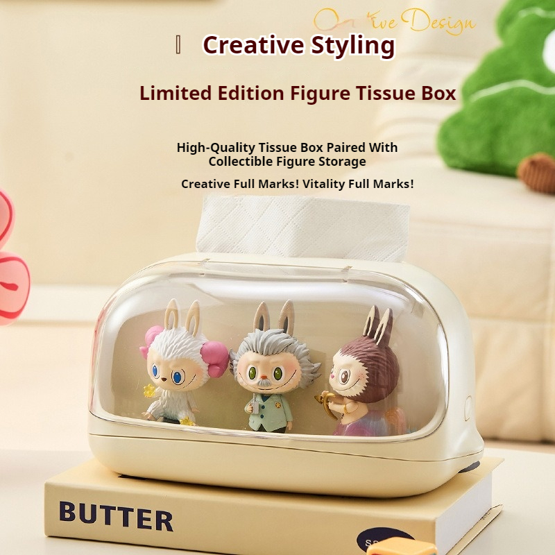 Desktop Tissue Box with Blind Box Storage – Acrylic Display Rack for Figures 24×17×13cm