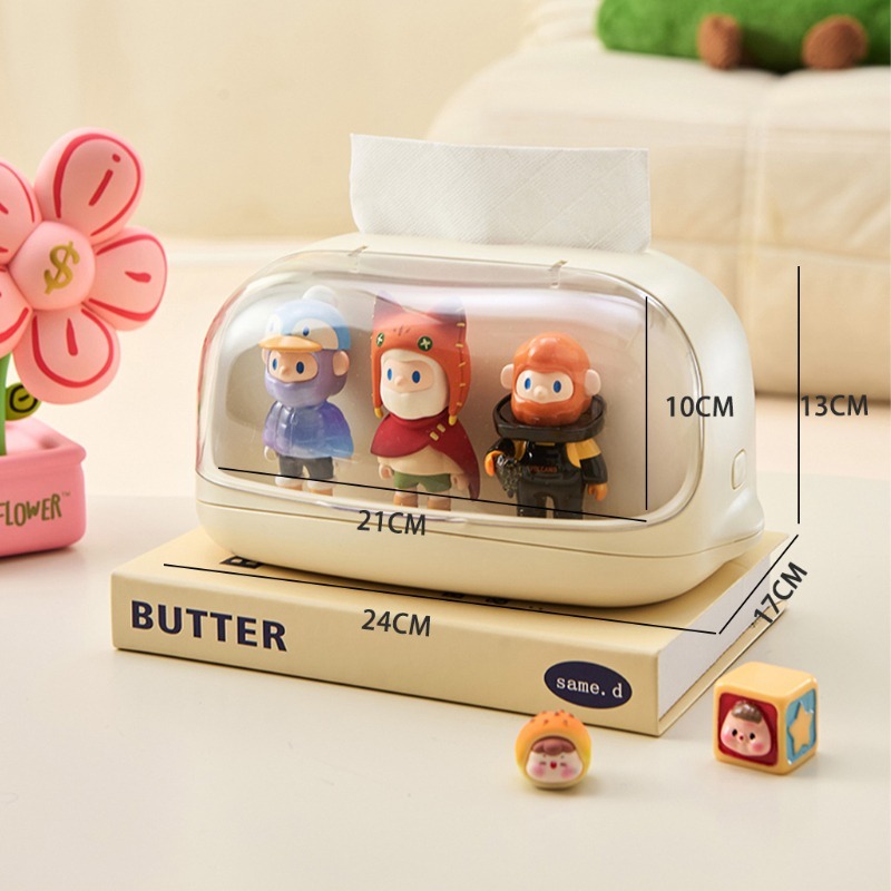 Desktop Tissue Box with Blind Box Storage – Acrylic Display Rack for Figures 24×17×13cm